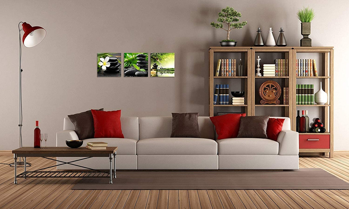 3 Panel Zen Canvas Wall Art Still Life SPA Stone Green Bamboo White Frangipani Flower Pictures Prints on Canvas for Home Office Kitchen Wall Decor Stretched and Framed Each Panel 20x20inch (20x20inchx3 / Still Life Spa Stone)