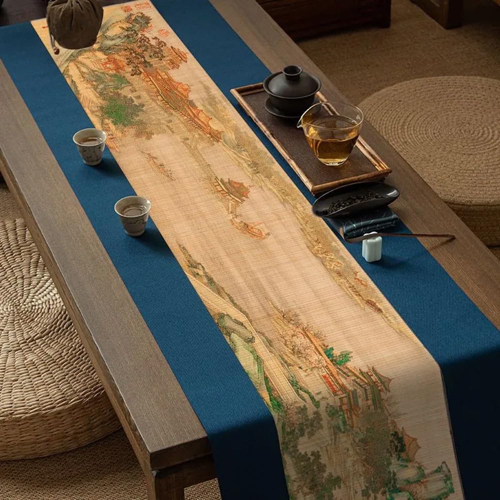 Asian Style Bamboo Table Runner (Along the River During the Qingming Festival / 12x72 Inch)