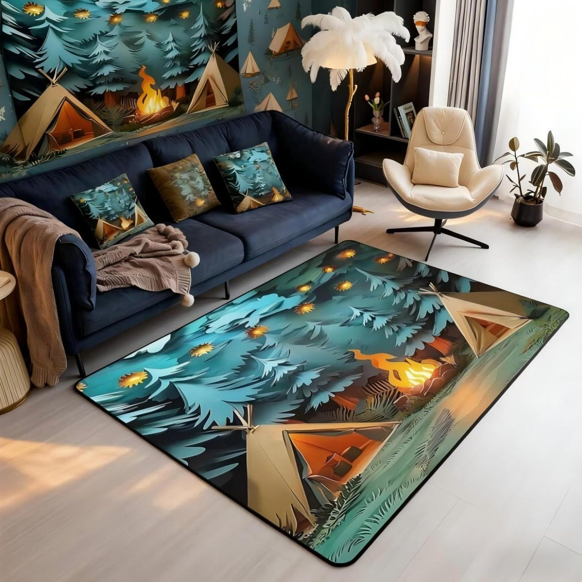 Camping Area Rug 3x5 Woodland Camp Vintage (Brown Green / 3'3" x 4'11" (Rectangular))