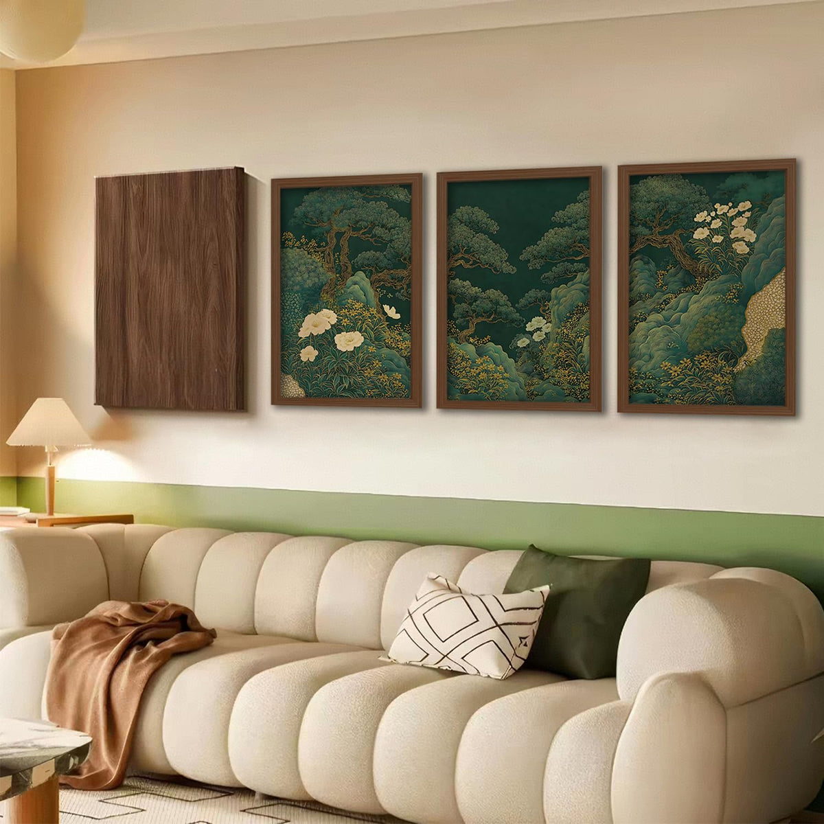Framed 3Pcs Green Pine Trees Canvas Wall Art Japanese Nature Decor (green forest / 16"L x 12"W)