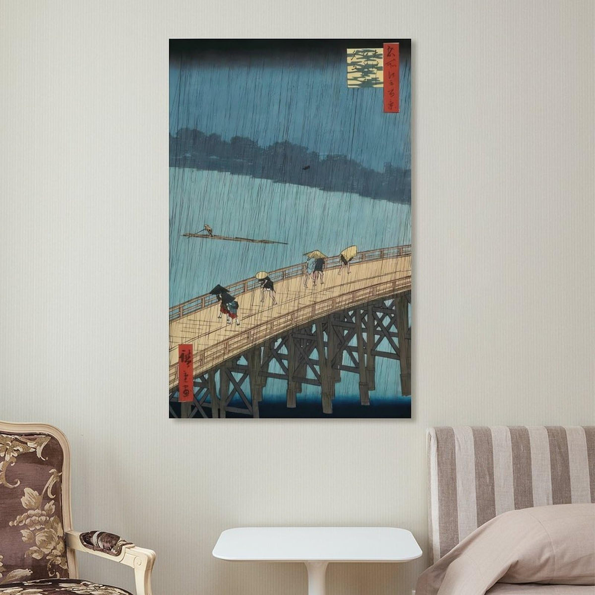 Hiroshige Ohashi Bridge In The Rain Canvas Printing Wall Art Ukiyoe Japanese Landscape Prints Vintage Blue River Bridge Scene Posters Wall Decor For Living Room Bedroom Office 20x30inch (style-9 / 20x30inch(50x75cm) Frame)