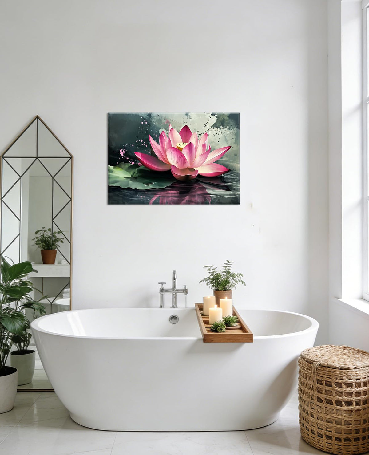 Large Lotus Wall Art Pink Water Lily Picture Canvas Prints Flower Painting Zen Artwork Bathroom Living Room Home Office Decor Framed (42"L x 28"W / Pink)