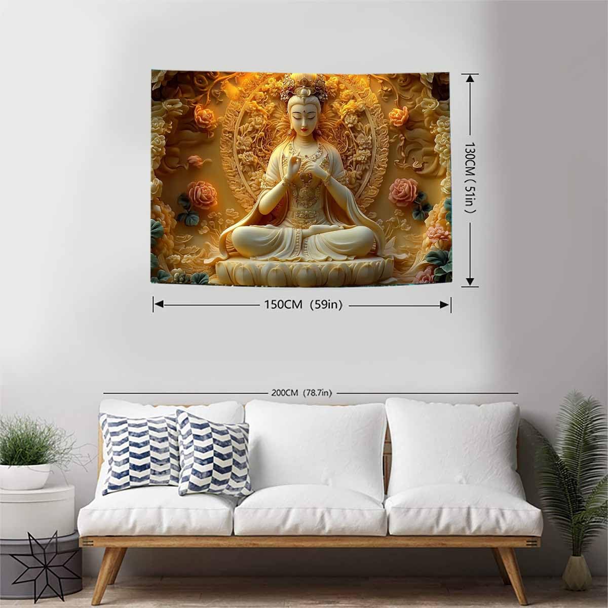 Sitting White Buddha Tapestry Wall Hanging Buddhist Statue With Flower Meditation Wall Decor Zen Art Psychedelic Indian Wall Blanket for Bedroom Living Room Home Decor (White / 59"L x 51"W)