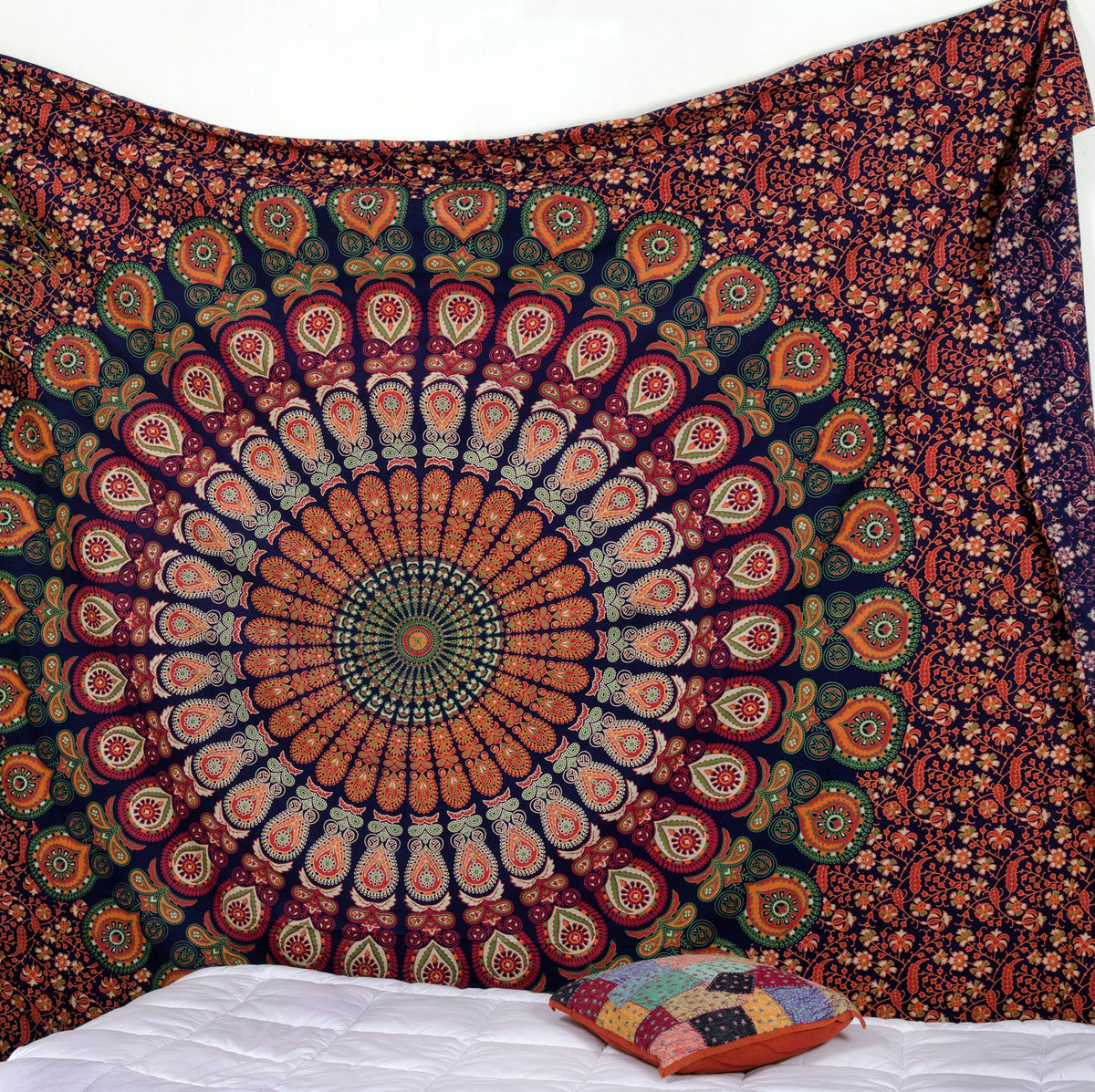 Tapestry Wall Hanging Hippie Mandala Bohemian Hippy Intricate Indian Tapestries Bedspread 84x90 Inches (90"L x 84"W / Blue Orange)