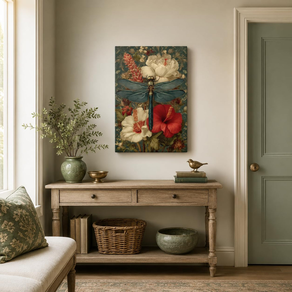Dragonfly Floral Canvas Wall Art Vintage Framed Botanical Decor 12x16 Inch (Dragonfly Floral / 16"L x 12"W)