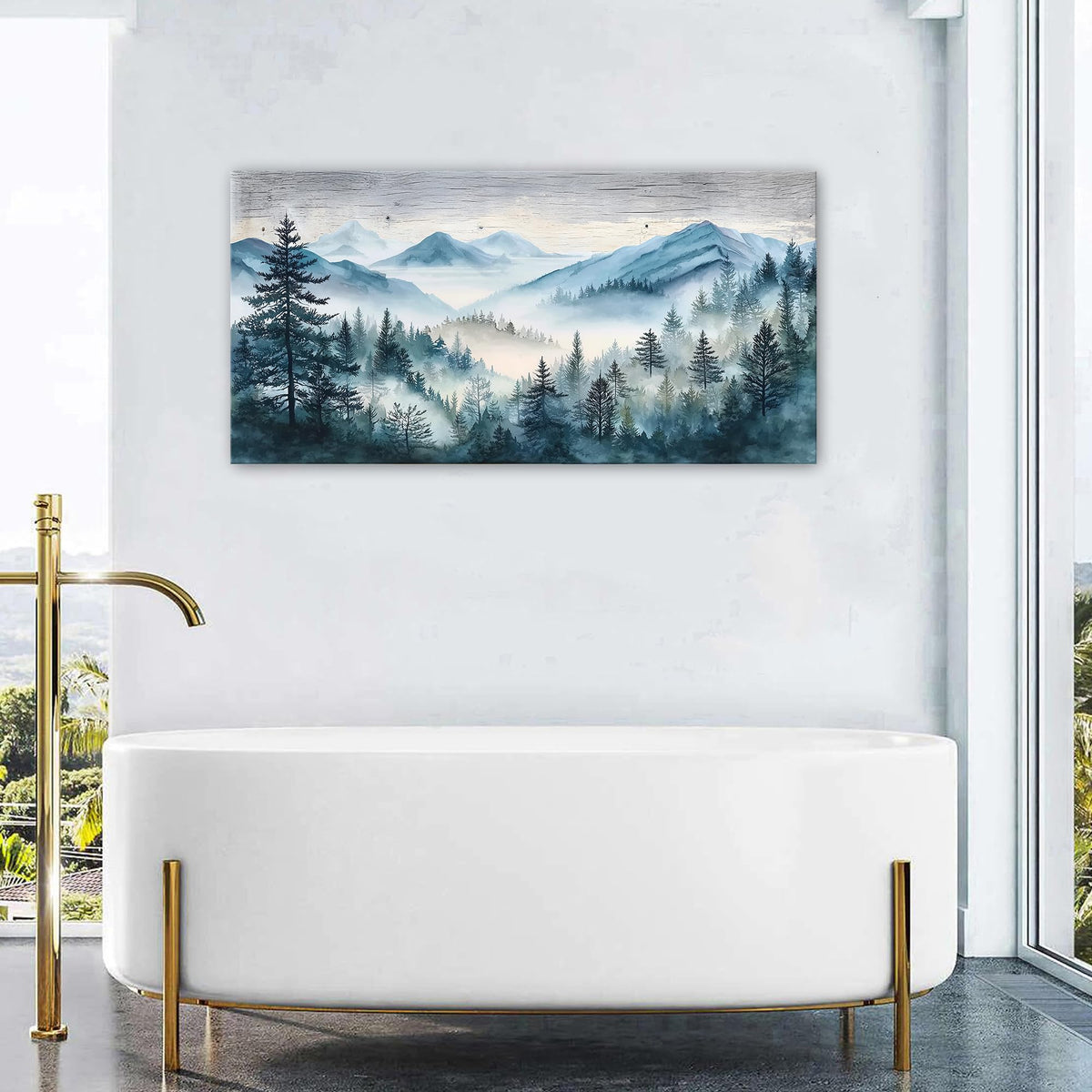 Misty Great Smoky Mountain Wall Art Farmhouse Wall Decor for Living Room Mist Trees Scenery Nature Landscape Picture Bedroom Vintage Foggy Forest Painting Bedroom Kitchen Home Decoration 24x48" (48"L x 24"W / Misty Forest)