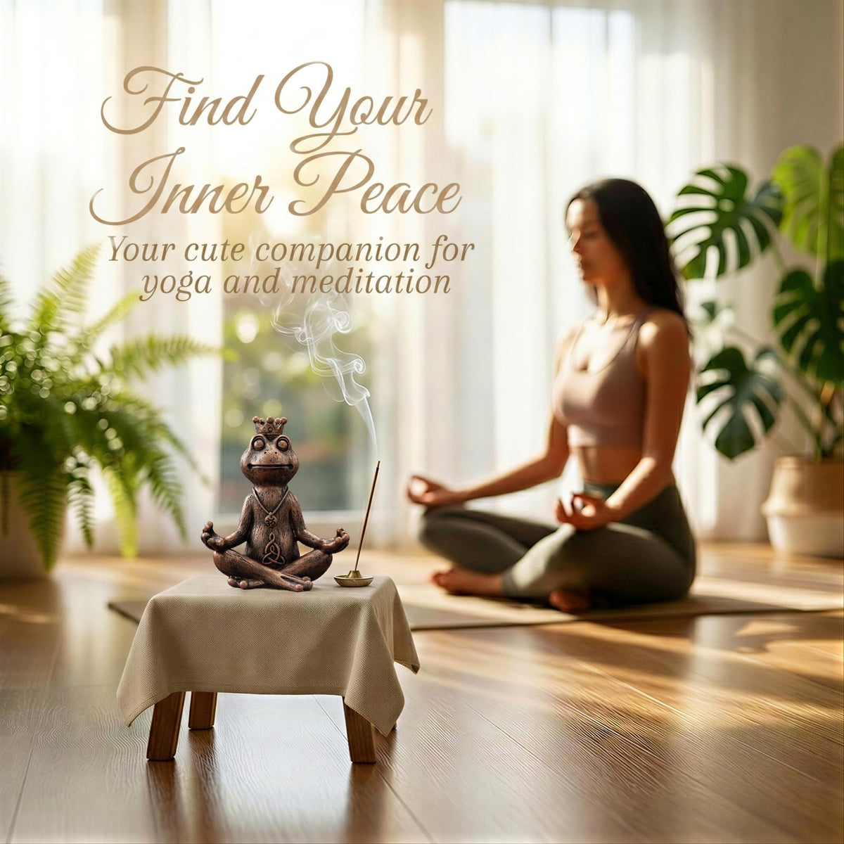 Meditating Zen Frog Statue Decor with Bonus Om Necklace (Bronze)