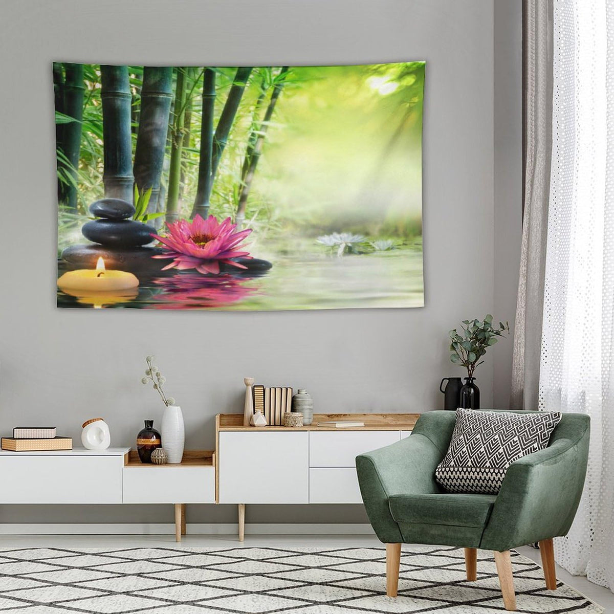 Japanese Garden View Tapestry Wall Hanging Spa Water Lotus Flower Zen Stone Relaxation Bamboos Candles Tapestries Home Decor for Living Room Bedroom Farmhouse Apartment Dorm 60"x90" (60"L x 90"W / Zen-17)