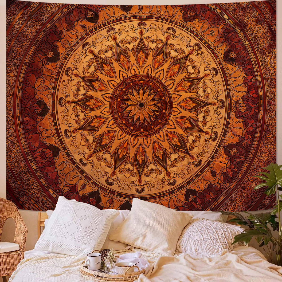 Warm Tone Floral Mandala Tapestry (90"L x 70"W / Black)
