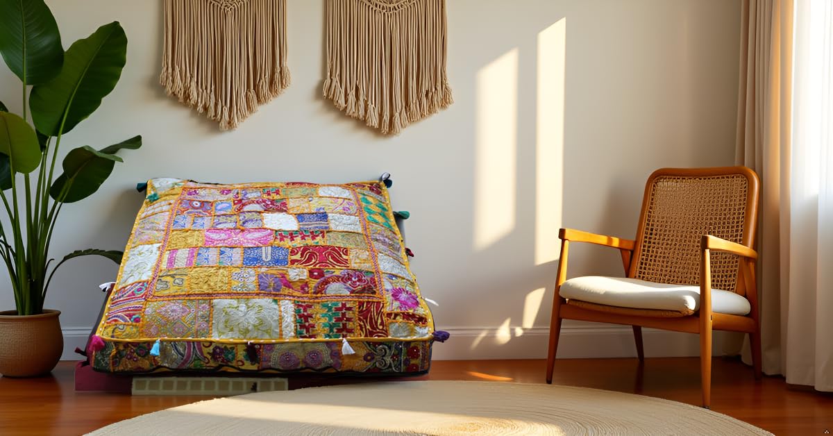 Handmade Square Yellow Patchwork Pouf Cover 35 Inch Ottoman Cover Embroidered Cotton Floor Cushion Cover Boho Indian Decorative Floor Pillow Meditation Cushion for Living Room Bedroom (35"D x 35"W x 5"H / Yellow)