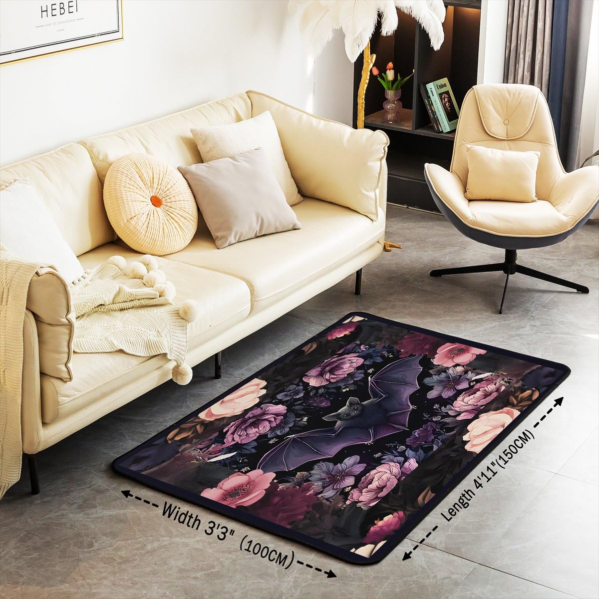 Black Floral Bat 3x5 Area Rug Halloween Bats Rugs for Living Room (Black Purple Pink / 3'3" x 4'11" (Rectangular))