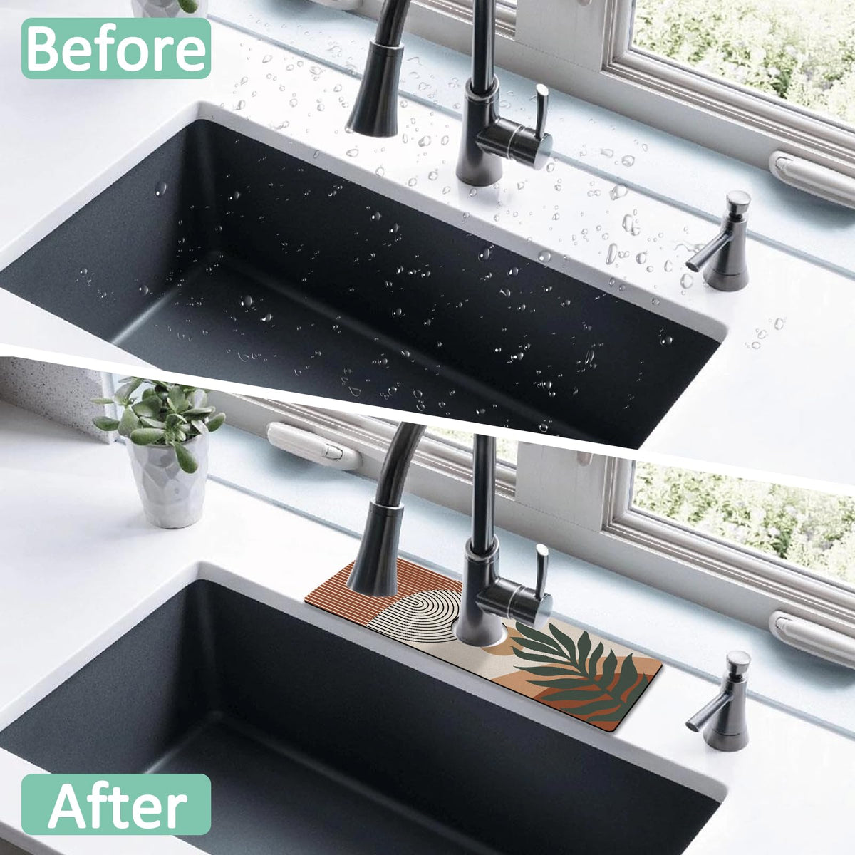 2 Pack 2 Pack Kitchen Sink Splash Guard Faucet Mat 15" X 5.5" Boho Absorbent Fast Drying Mat Faucet Draining Mat Sink Splash Guard Behind Faucet Drip Catcher for Kitchen Bathroom (15*5.5inx2 / boho)