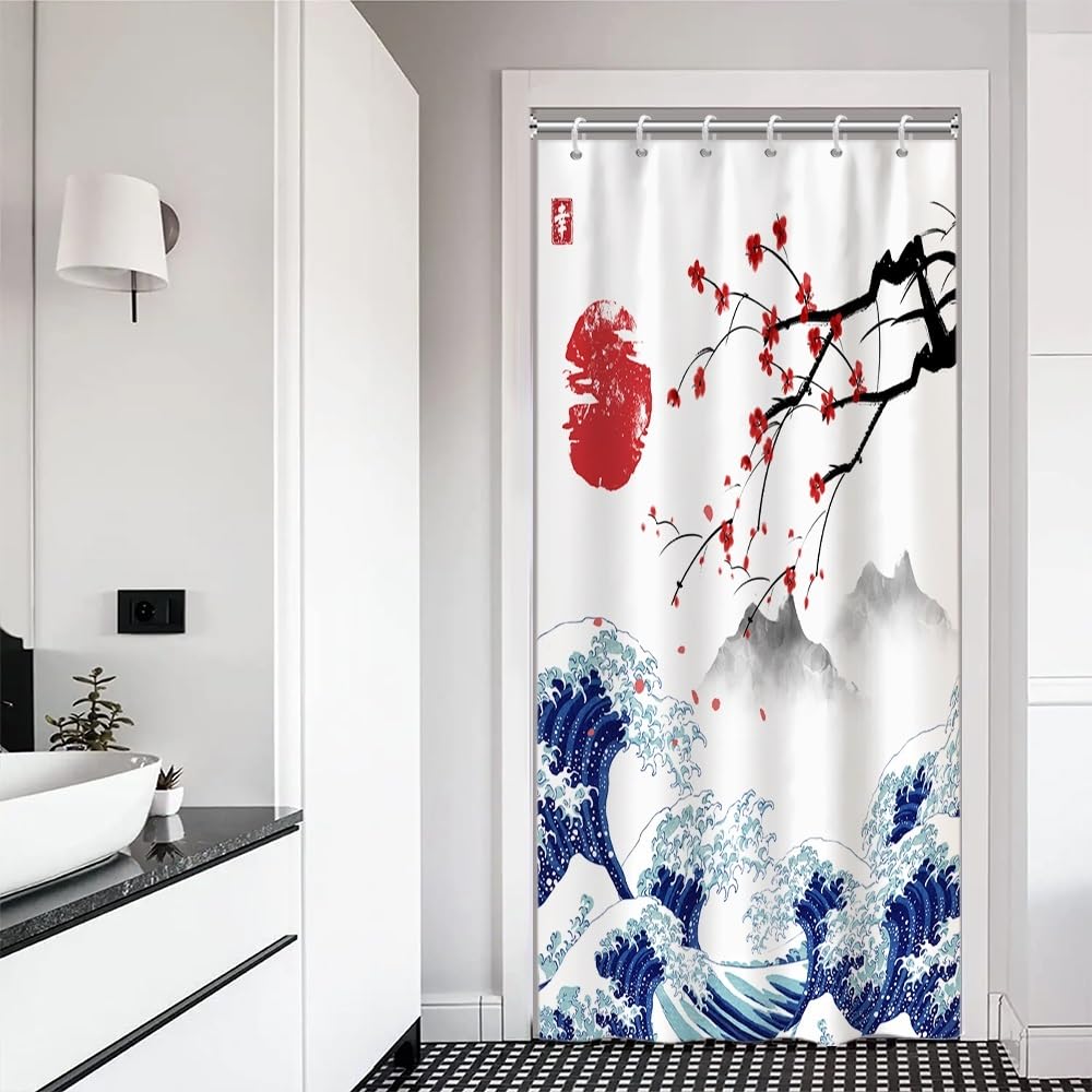 Traditional Japanese Painting Shower Curtain Kanagawa Great Wave Shower Curtain Red Sun Cherry Blossom Japanese Mountain Scenery Bathroom Curtains Waterproof Polyester Fabric with Hooks 48x72 Inch (48"W x 72"L (Pack of 1) / Blue-28)