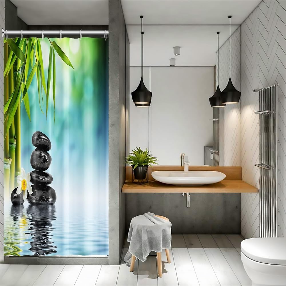 Zen Spa Shower Curtain Zen Stone Shower Curtain Lotus Bamboo Water Reflection Relaxing Meditation Waterproof Cloth Fabric Bathroom Curtains Set with Hooks Bath Bathtub Home Decor 36x72 inch (36"W x 72"L (Pack of 1) / Green 06)