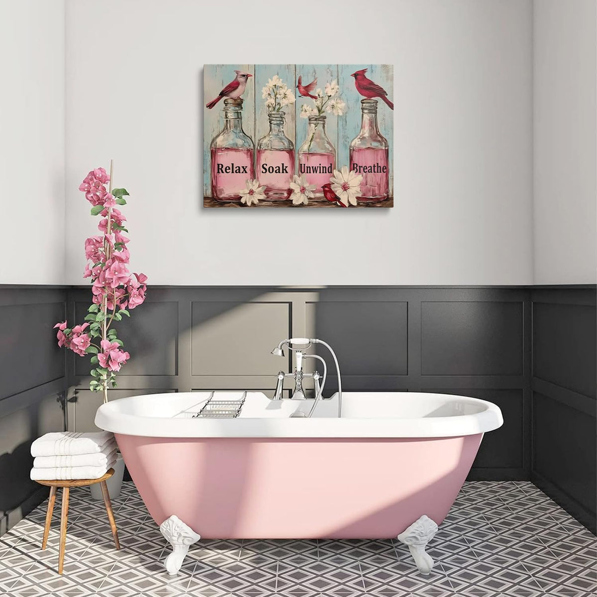 Framed Rustic Rustic Floral Cardinal Bathroom Decor Pink Flower Canvas Wall Art (Light purple / 24"L x 16"W)