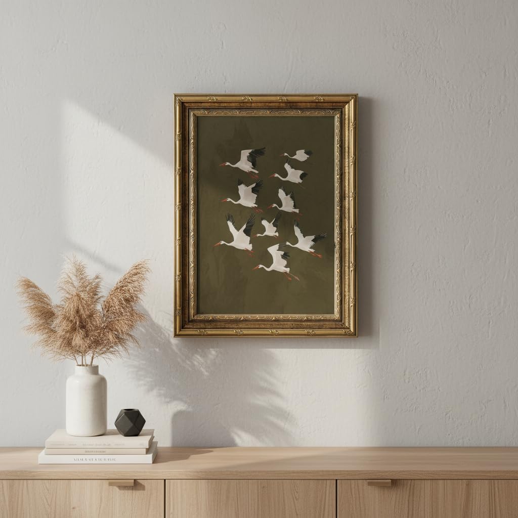 Vintage Gold Framed Flying Cranes Wall Art (crane / 24"L x 16"W)