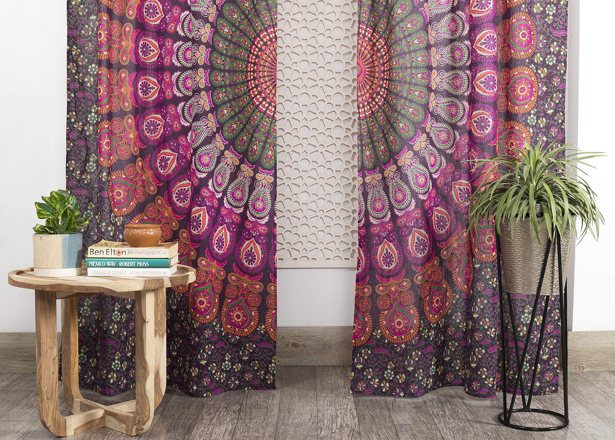 Indian Hippie Bohemian Beautiful Peacock Mandala Curtain Panels Orange Purple (Orange Purple / 38"W x 83"L (Pack of 2))