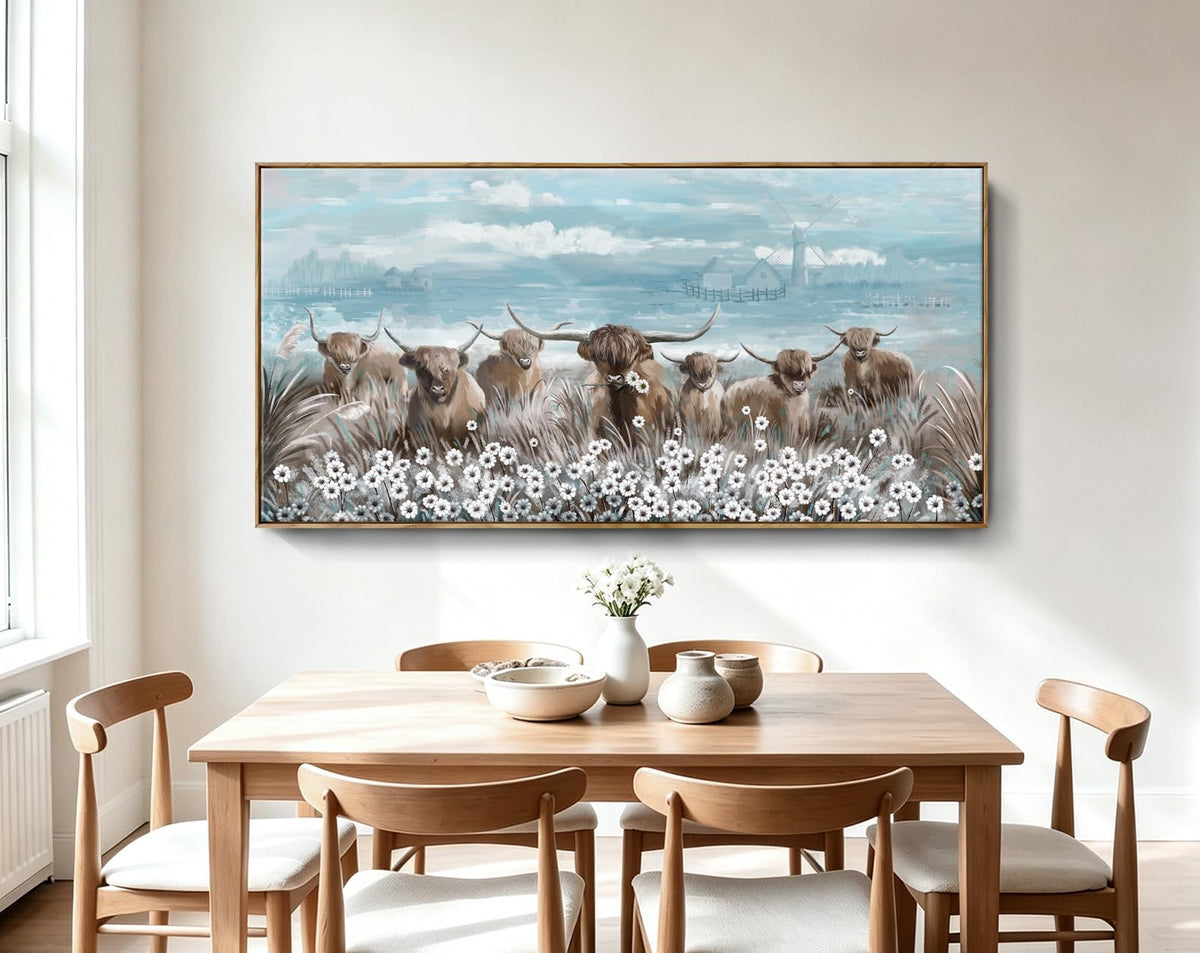 Extra Large Framed Wall Art for Living Room Big Boho Farmhouse Highland Cow Canvas Artwork Flower and Animal Picture Rustic Coastal Blue and Brown Decor for Office Bedroom Kitchen (Highland Cow Wall Art / 58"L x 29"W)