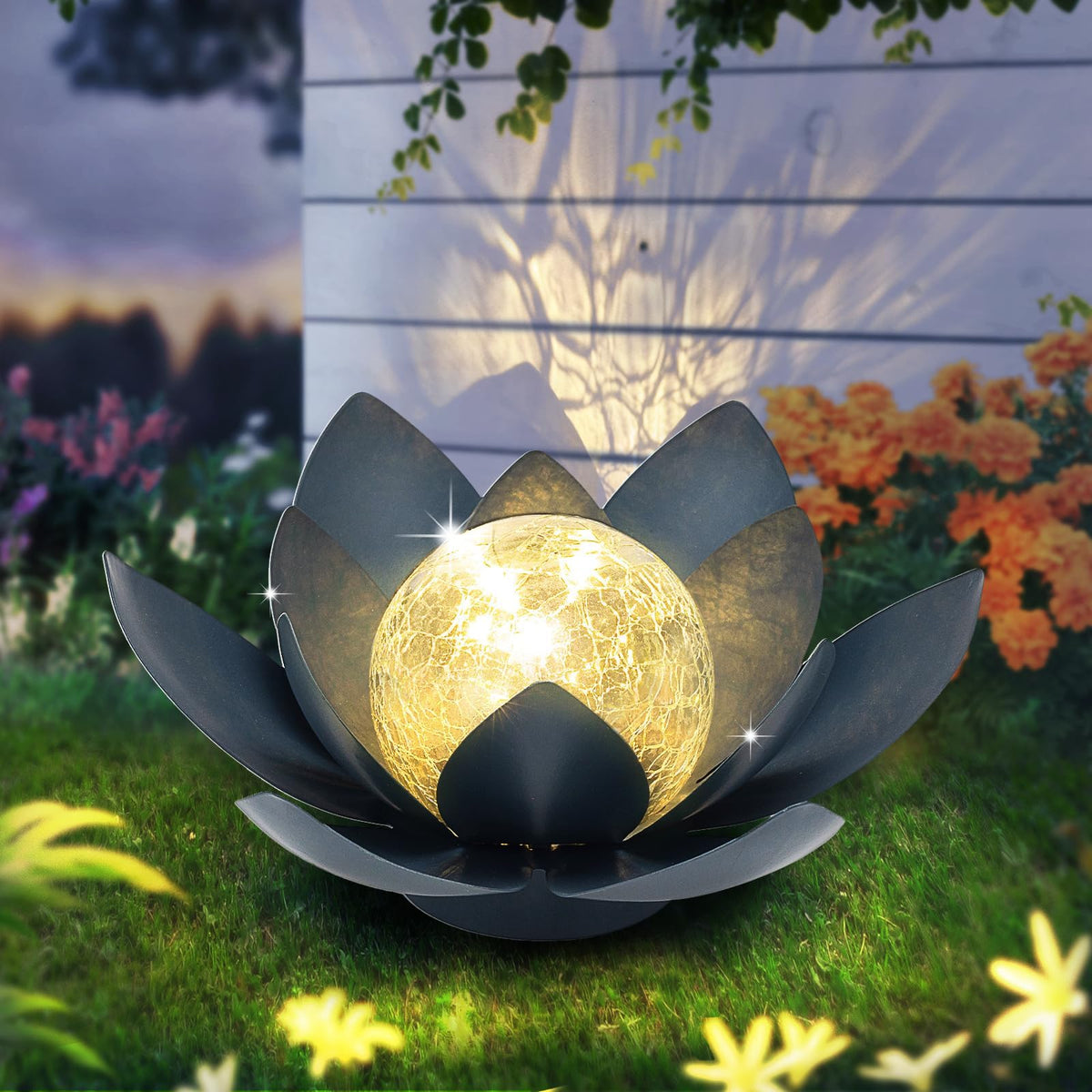 Solar Lights Outdoor Garden Decoration Crackle Globe Glass Waterproof LED Metal Blue Lotus Flowers Gift for Mom (Sophisticated grey)