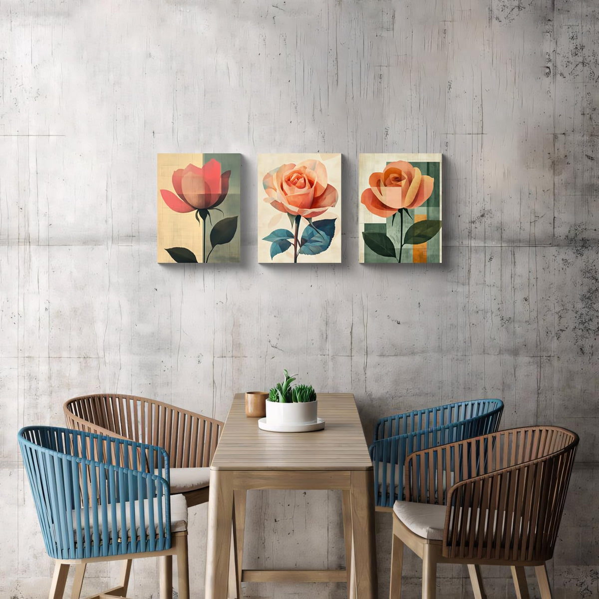 3Pcs Abstract Rose Wall Art Canvas Print Minimalist Floral Painting Modern Geometric Flower Botanical Artwork Mid Century Style Home Decor Green Teal Beige Decor for Living Room Bedroom (12 x 16 inches (3-Piece Set) / Geometric Rose-1)