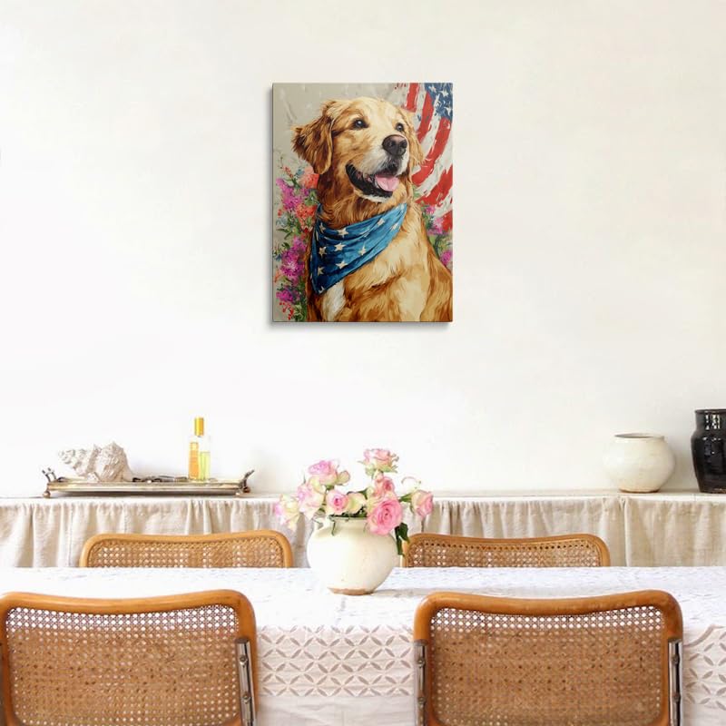 Cute Patriotic Golden Retriever Dog Canvas Wall Art Framed Animal Painting American Flag Cool Whimsical Puppy Colorful Floral Wall Decor Flower Artwork Print for Living Room Bedroom 16x24 Inches (Golden Retriever / 24"L x 16"W)