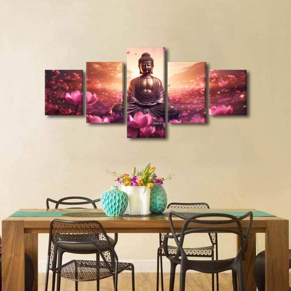Canvas Wall Art for Home Buddha Sculpture Poster Decor Buddha Statue Surrounded By Flowers Picture Modern 5 Panel Office Wall Art for Bedroom Wall Decor Stretched and Framed Ready to Hang 50x24 in (50x24 in / 5PANEL-18)