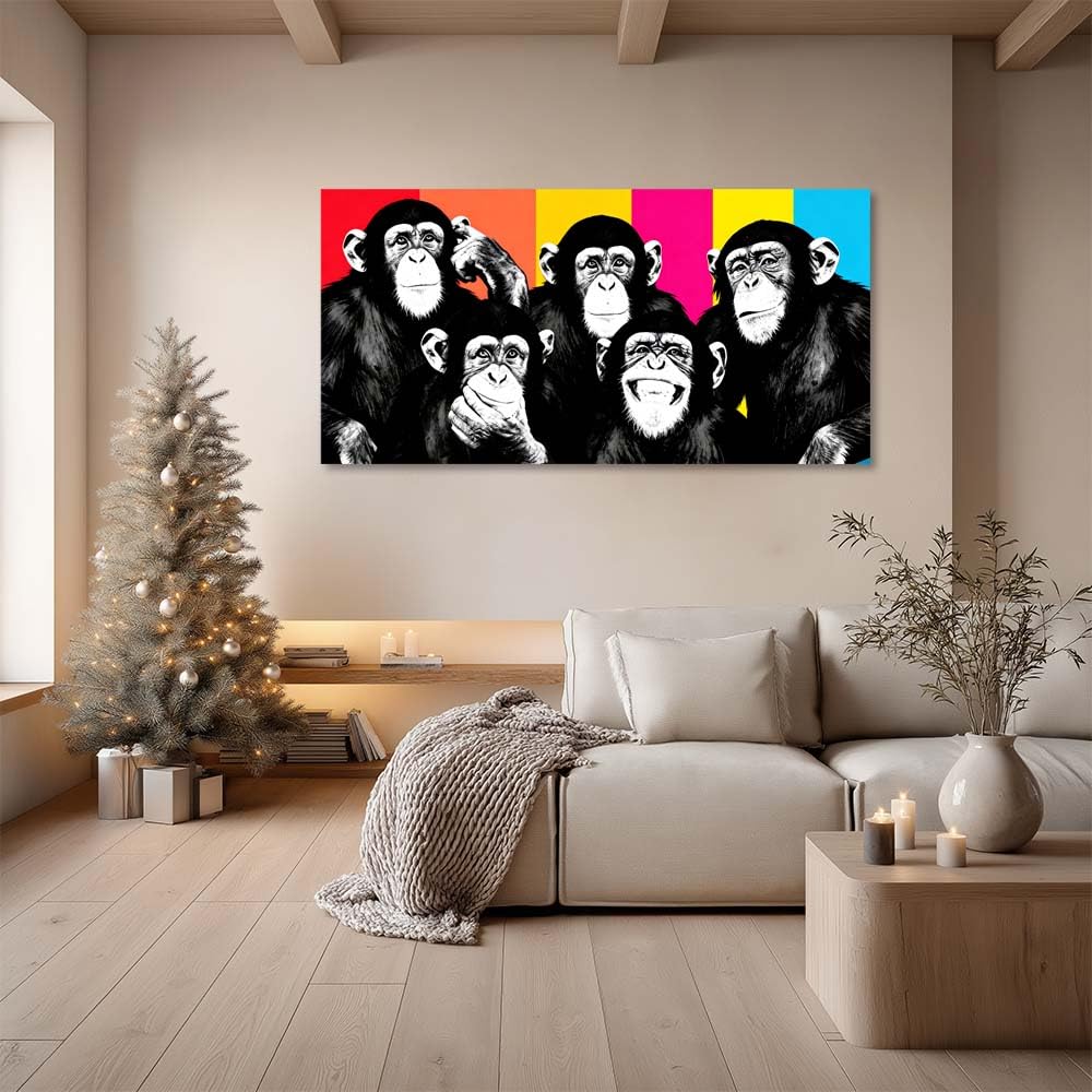Colorful Pop Art Monkey Canvas Wall Art Funny Chimpanzee Animal Painting Print Gallery Wrapped Humorous Street Art Artwork for Living Room Bathroom Bedroom Decor (Wildlife / Black Monkeys 2 / 46"L x 23"W)