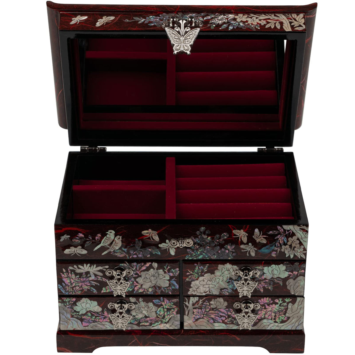 Handcrafted Mother of Pearl Jewelry Box (Crane and Pine Tree - Red)