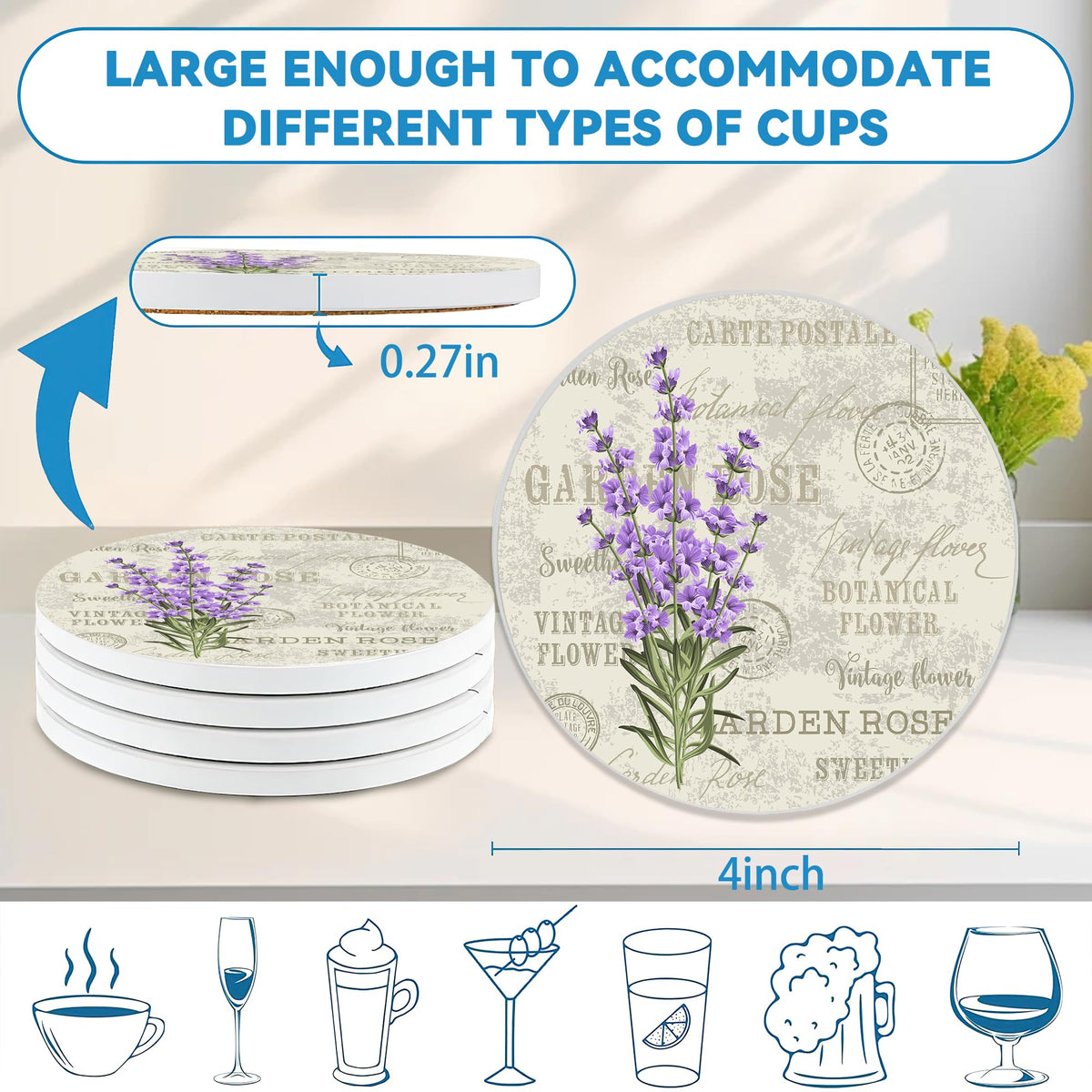 Vintage Lavender Flowers Round 4" Cup Coasters Set of 4 (Lavender Flowers)