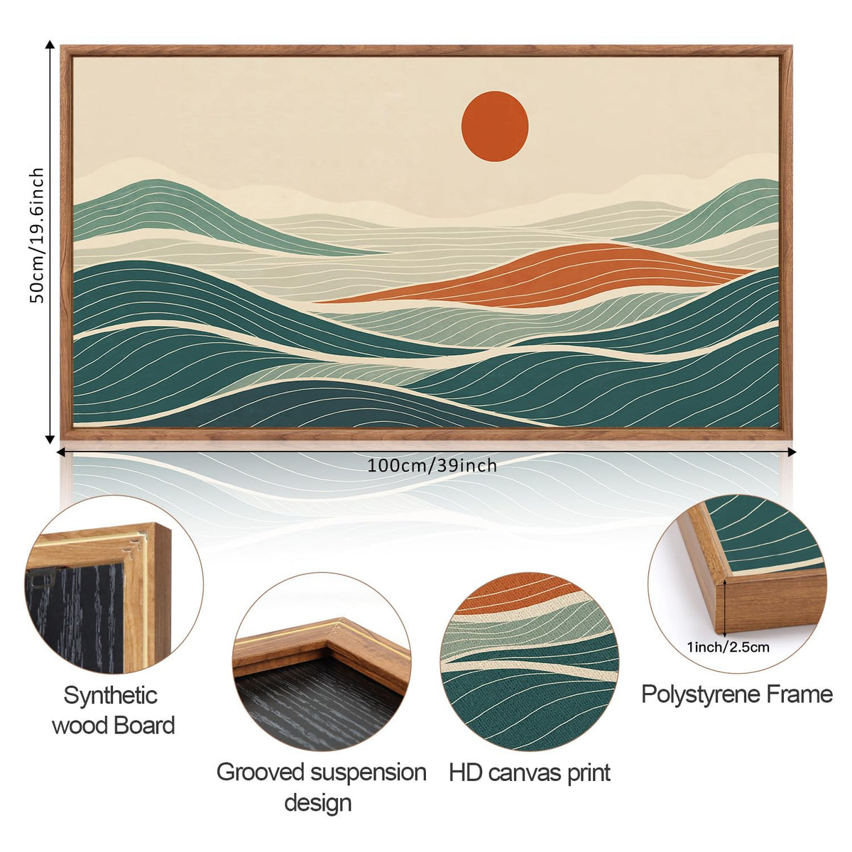 Long Coastal Framed Wall Art (Waves Line Art / 40"L x 20"W)