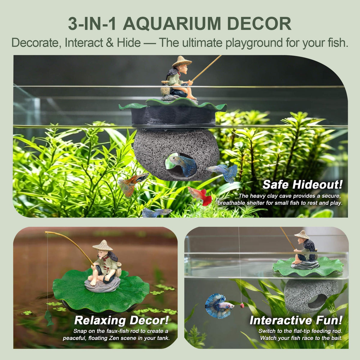 3-in-1 Floating Fish Tank Fisherman Decor, Lotus Pad & Betta Cave (Hideout Cave (3-in-1))