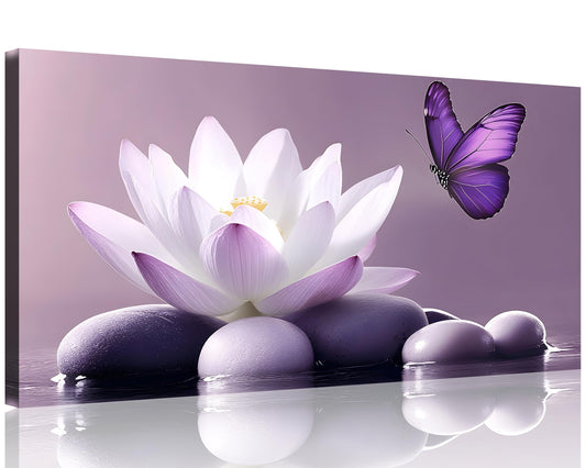 1 Panel Purple Wall Art Purple Pictures Wall Decor Zen Stone Water Lily and Butterfly on the Lake Pictures Poster Spiritual Yoga Spa Painting for Living Room Bedroom (40"L x 20"W / Purple Zen)