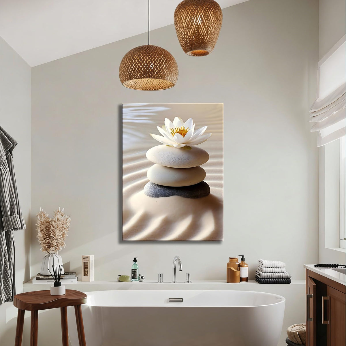 Framed Neutral Zen Garden Lotus Canvas Wall Art (Pictures26 / 24"L x 16"W)