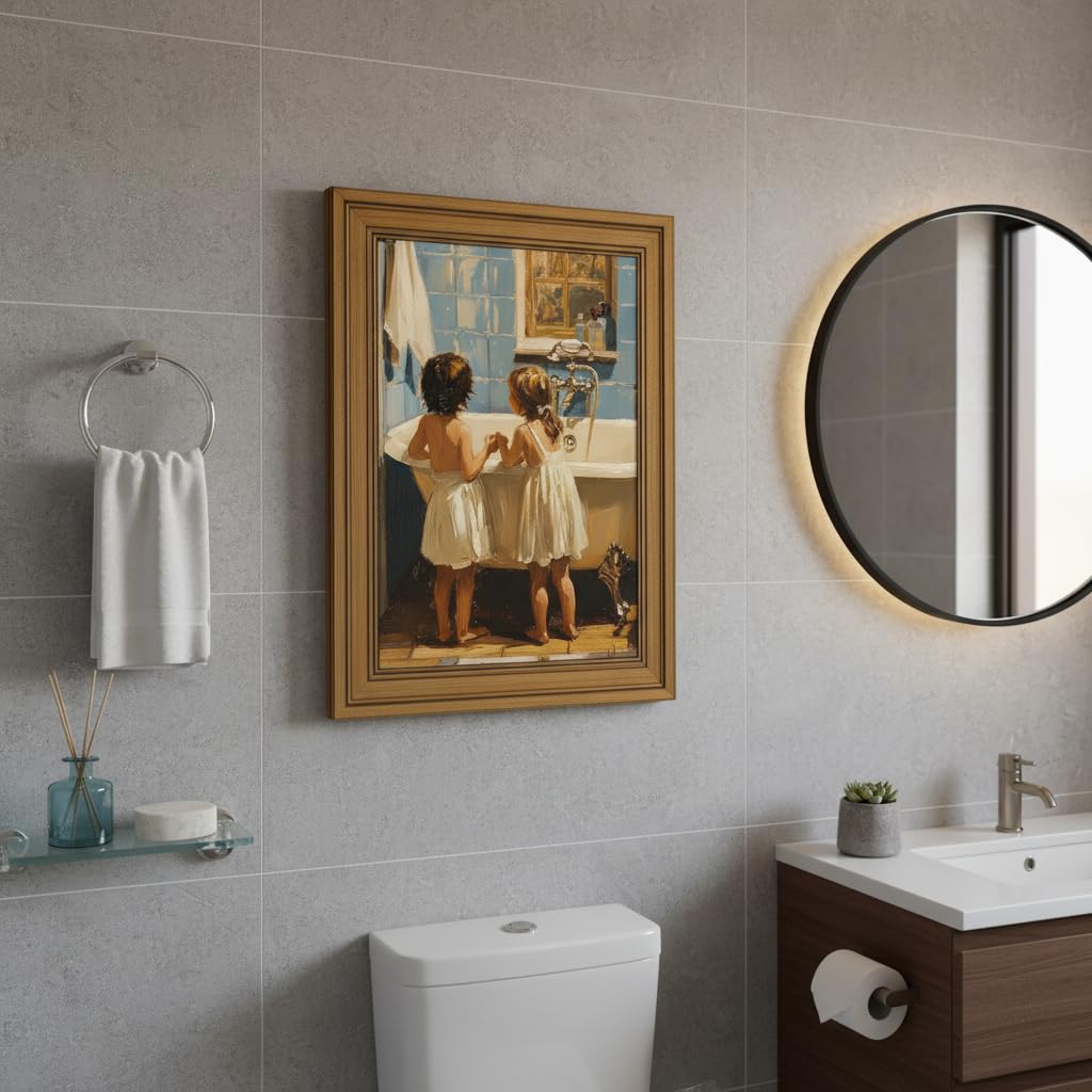 Vintage Gold Framed Bathroom Kids Canvas Wall Art (kids bathroom / 16"L x 12"W)