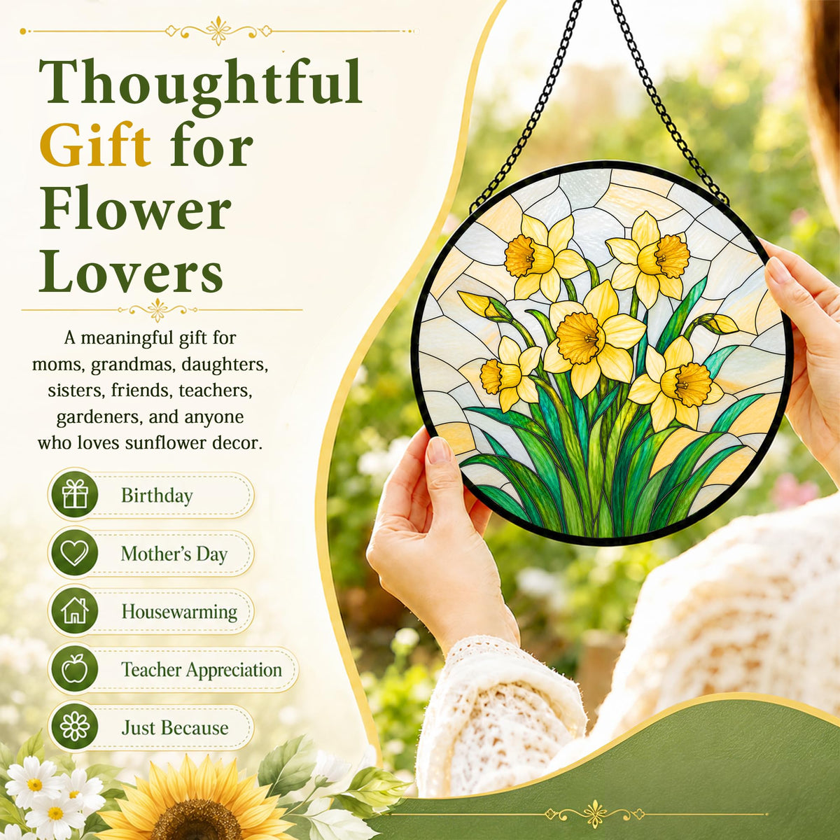 Daffodil Gifts for Women Suncatcher Stained Glass Window Hanging 9.8in (Daffodil / 9.8 x 9.8 IN)