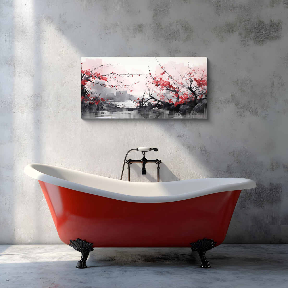 3PCS Asian Ink Style Cherry Blossom Canvas Wall Art Red Plum Flower Landscape Minimalist Zen Nature Scene Oriental Watercolor Artwork for Bedroom Living Room Office or Meditation Space Decor (Red-One Piece-2 / 16x8 inches (1 piece))