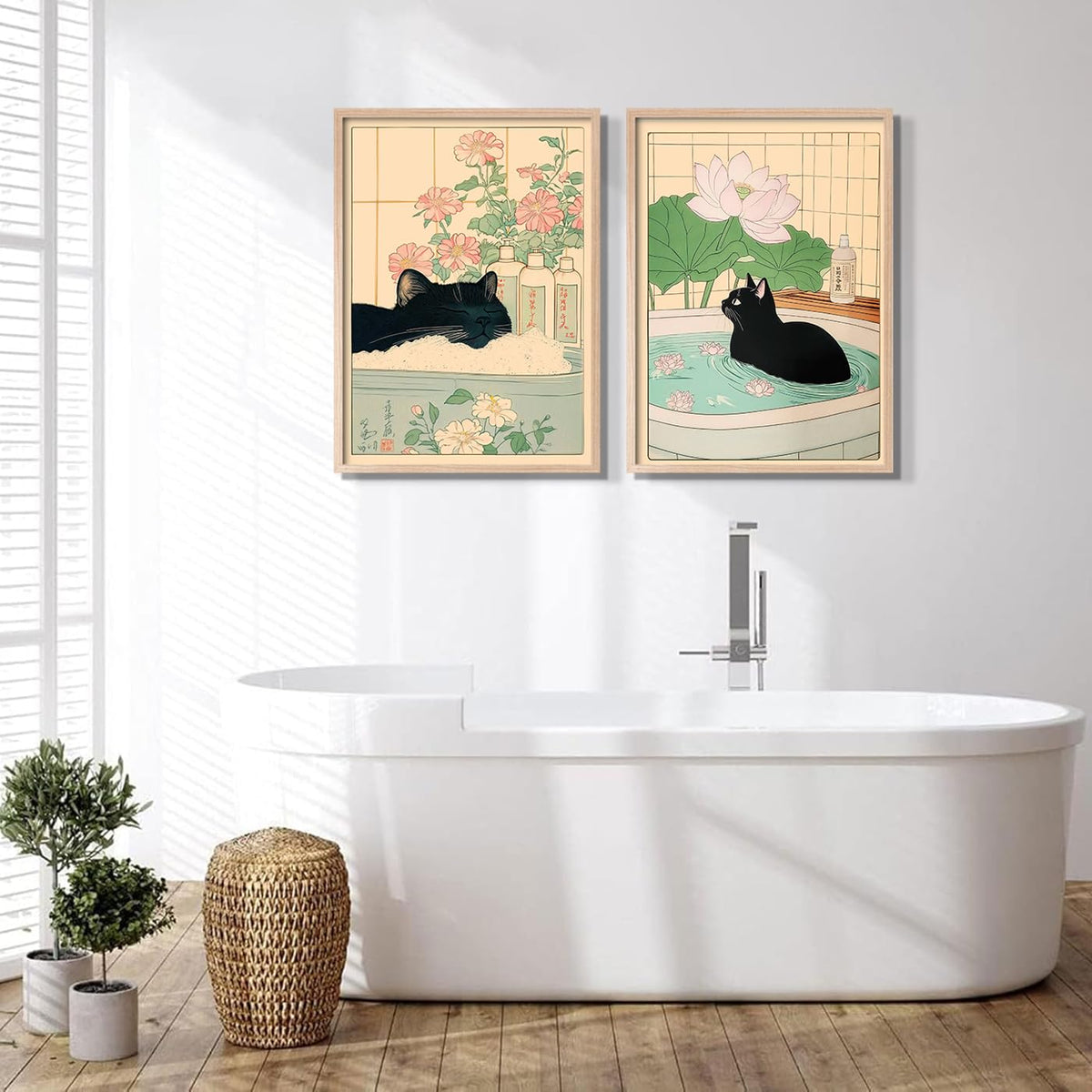 2Pcs Framed Japanese Style Black Cat Wall Art Bathroom Decor Painting Vintage Style Artwork HD Canvas Prints Living Room Wall Decor Modern Zen Poster Home Gallery Picture 12X16 Inch (Black Cat Bathroom / 12"L x 16"W)