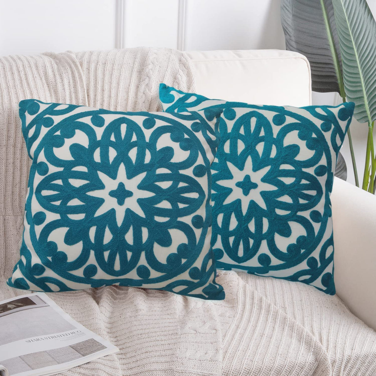 Embroidered Decorative Throw Pillow Cover 18"x 18" Set of 2 (Teal / 18" x 18" (Pack of 2))