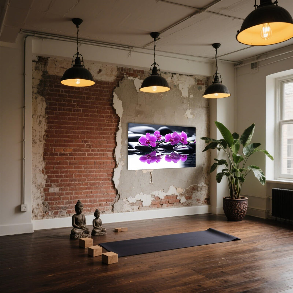 Purple Orchid Zen Canvas Wall Art Black Stone in Water Painting Framed Artwork Poster for Yoga Meditation Room Spa Bathroom Decor (WE000050-10 / 30"L x 20"W)