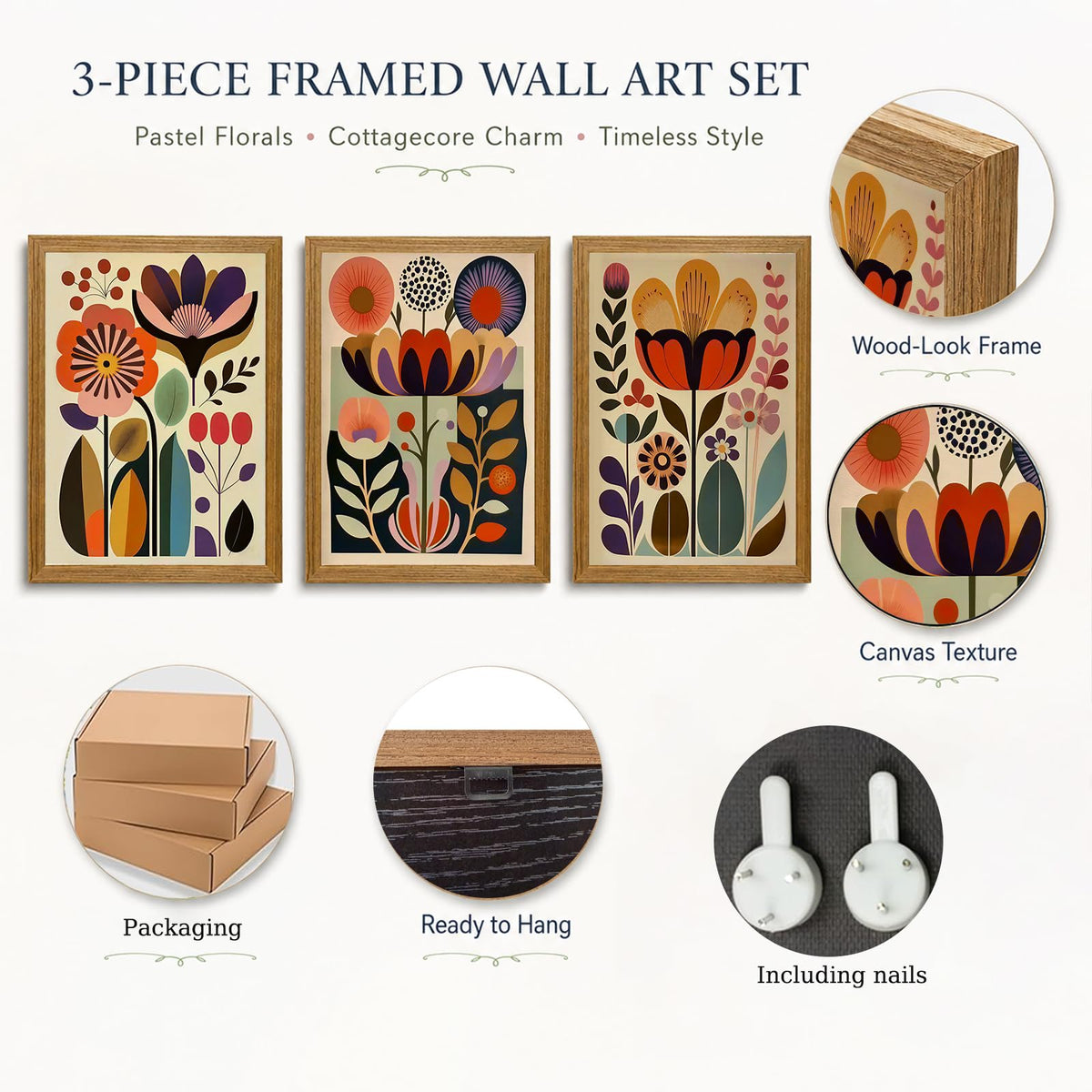 Scandinavian Wall Art Set of 3 (Abstract floral / 24"L x 16"W)