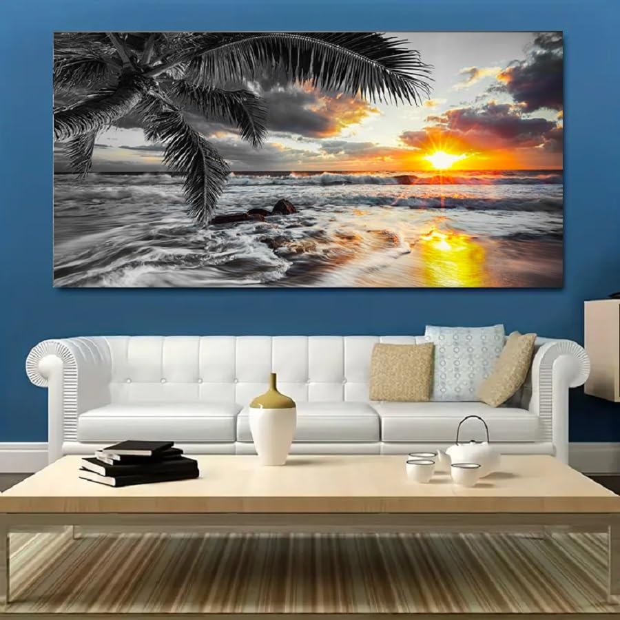 Large Canvas Black White Gold Ocean Wall Art Sunset Beach Pictures Coastal Painting Sunrise Seascape Scenery Print Palm Poster Sea Artwork for Bedroom Wall Art Living Room Office Décor (black white Sunrise beach / 60"L x 30"W)