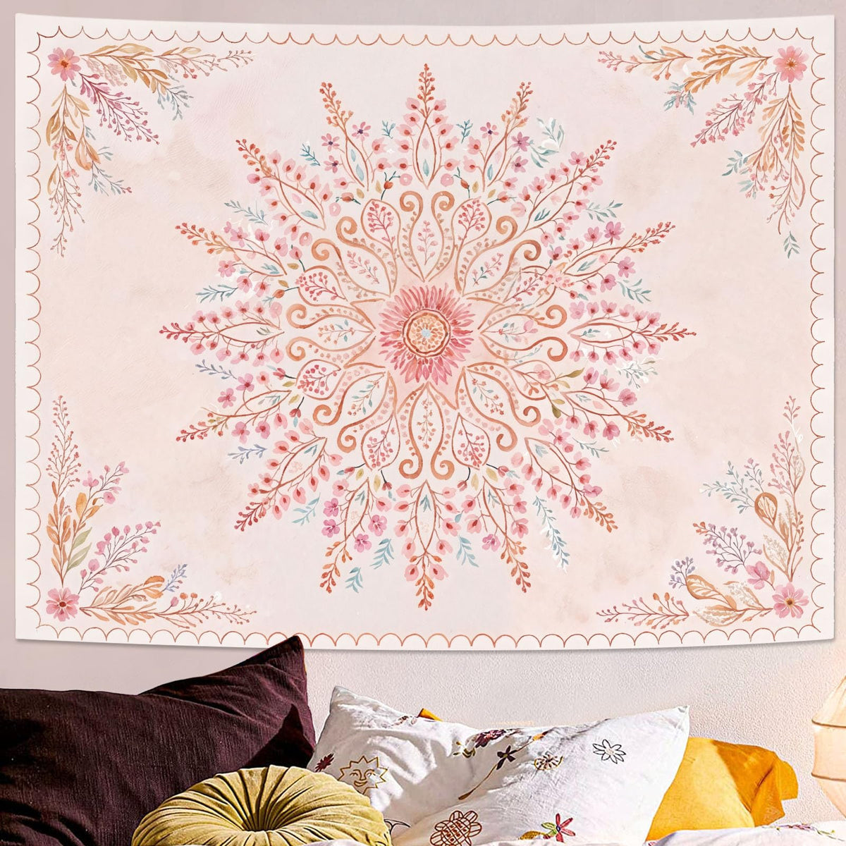 Floral Mandala Tapestry Boho Tapestry for Bedroom Pink Tapestries Wall Hanging Living Room Wall Art and Home Decor 44x60 (60"L x 44"W / Pink)