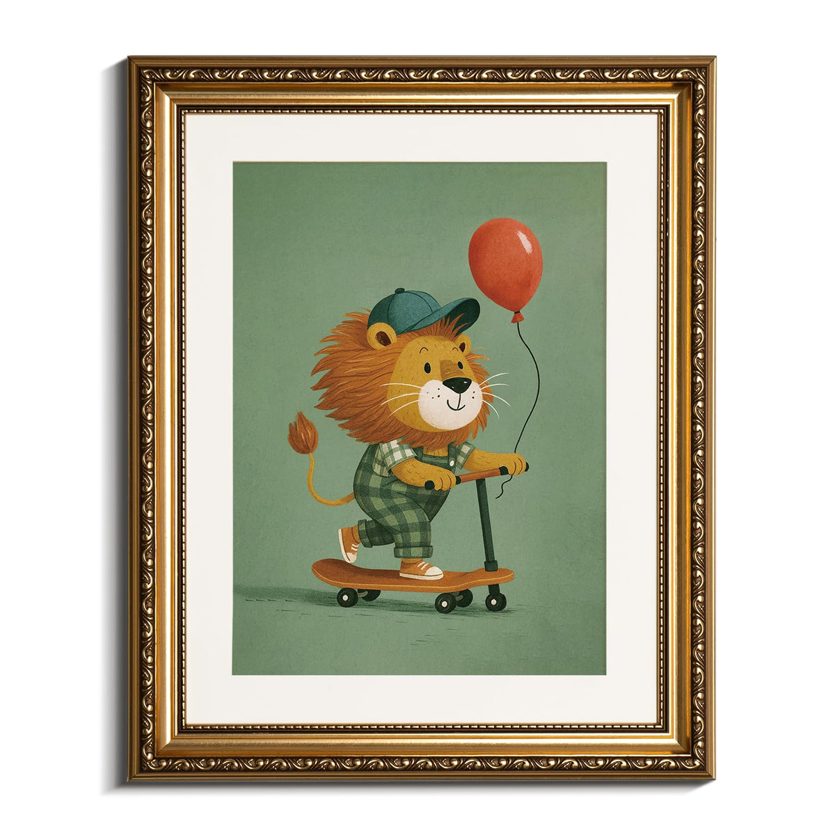 gold framed art Cute Lion on Scooter Framed Wall Decor (A lion on a skateboard / 16"L x 13"W)
