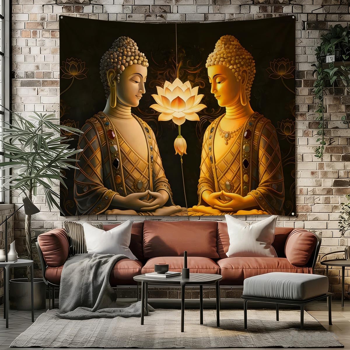 Vintage Sitting Buddha Tapestry Buddha's Light Wall Hanging Buddhist Statue Tapestries Lotus Meditation Wall Decor Psychedelic Indian Zen Art for Bedroom Living Room Home Decor (Golden / 79"L x 59"W)