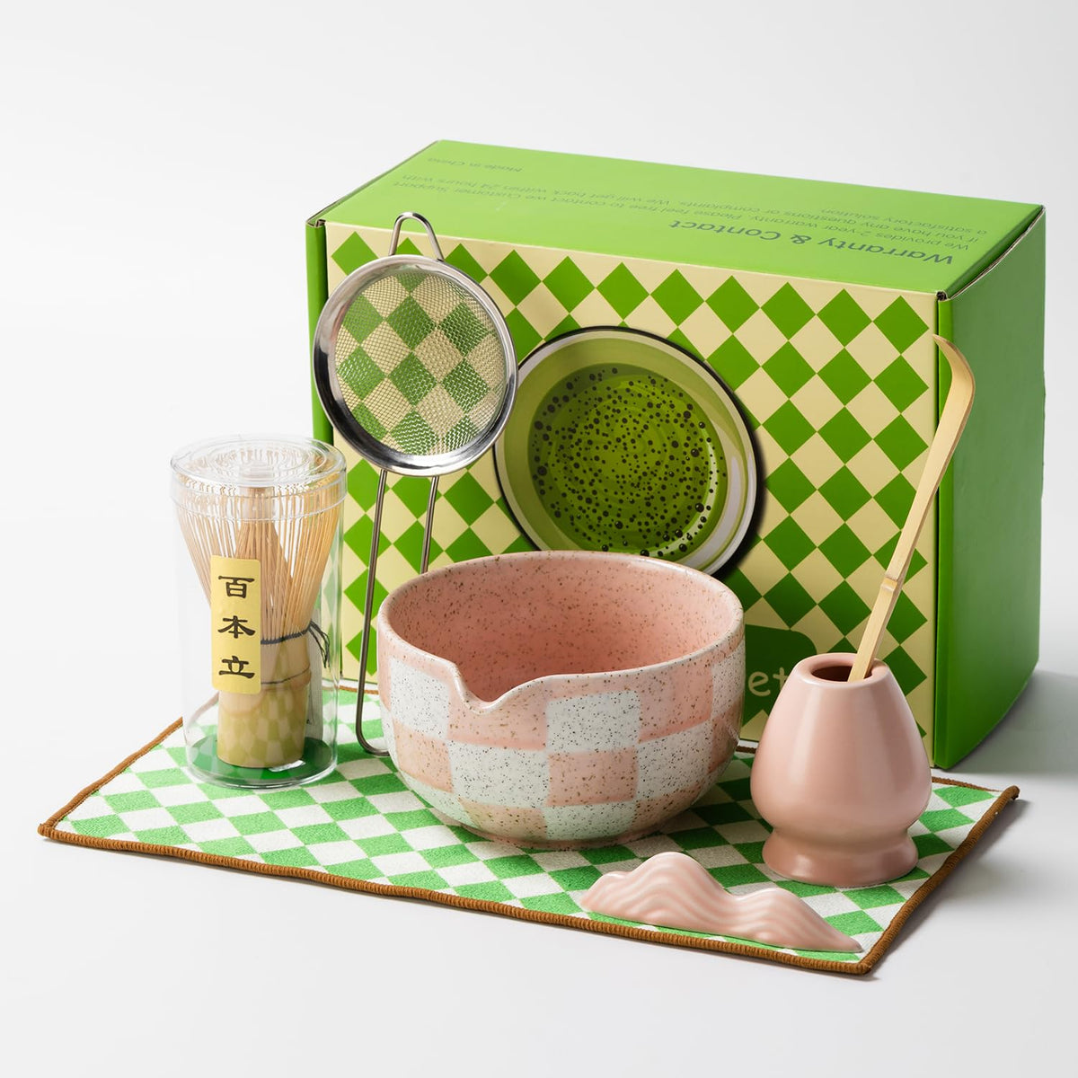 Premium 7 Piece Matcha Tea Set (Pink grid)