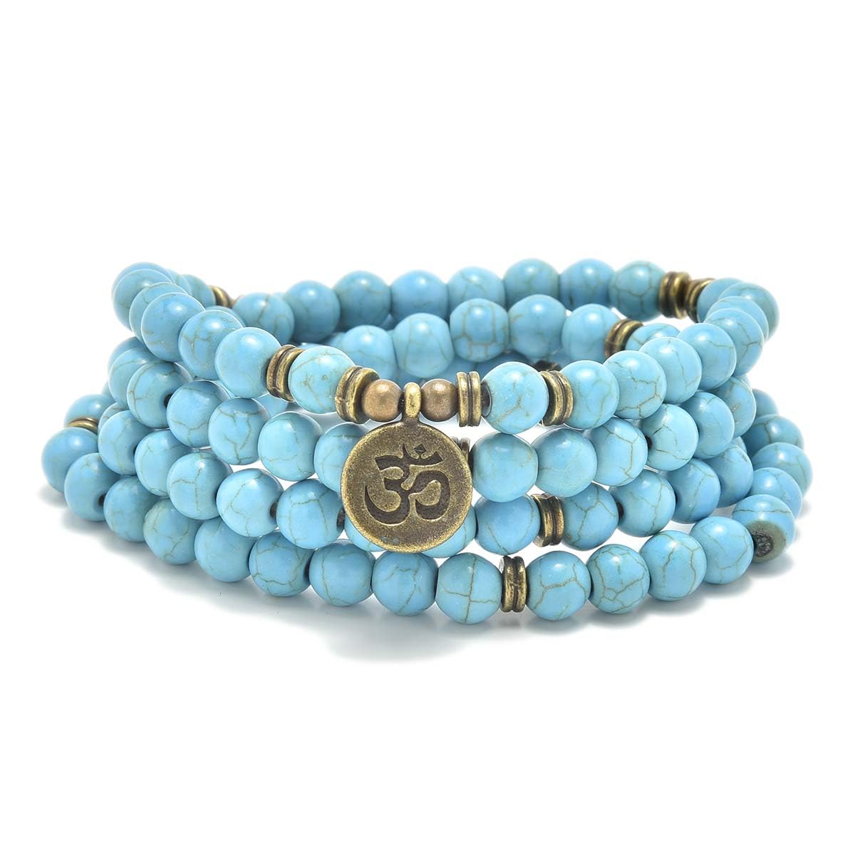 108 Natural Stone Mala Beads Yoga Jewelry Meditation Bracelet Necklace with om Charm (Green Turquoise)