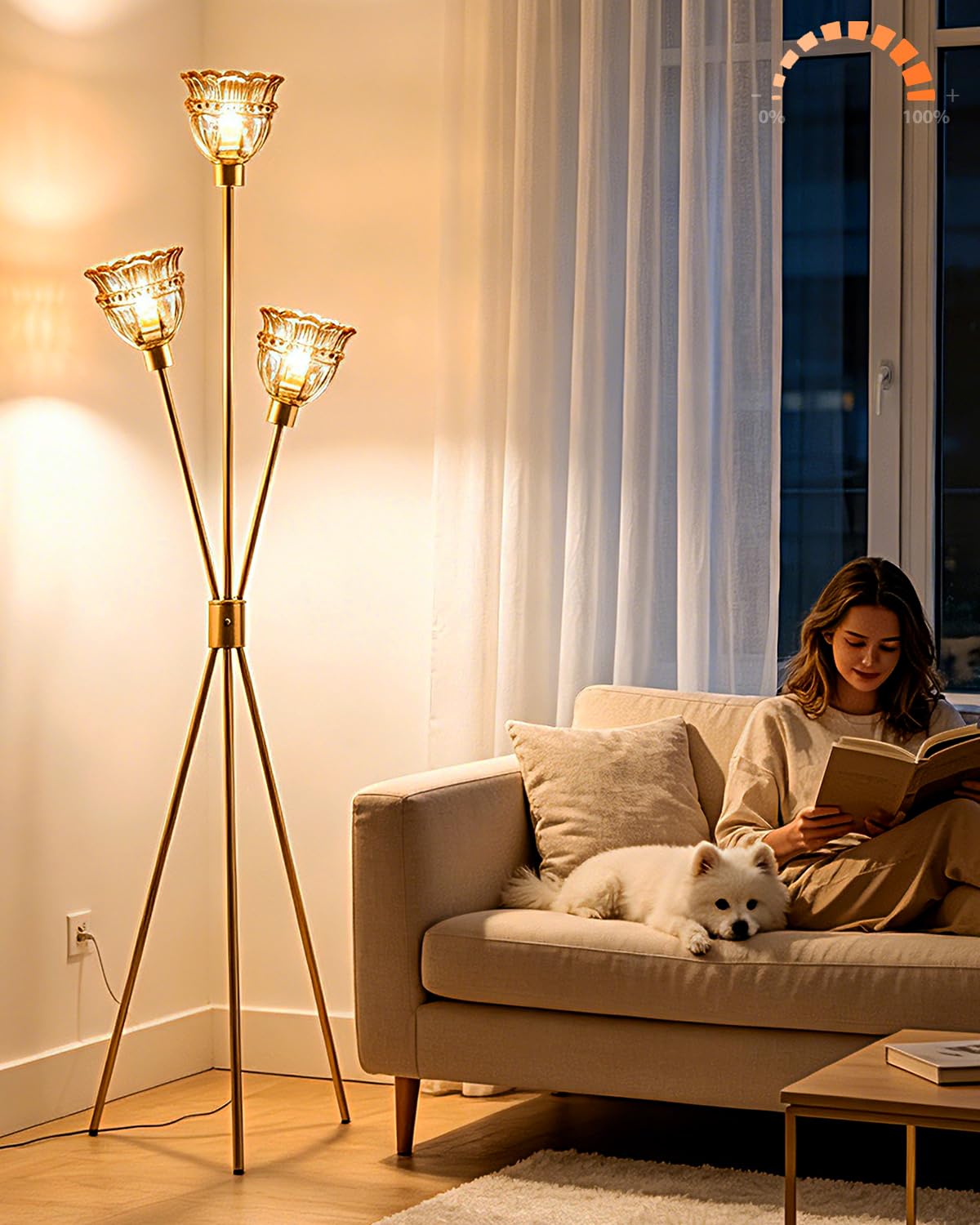 Amber Glass Tripod Floor Lamp Dimmable Gold Floor Flower Lamps