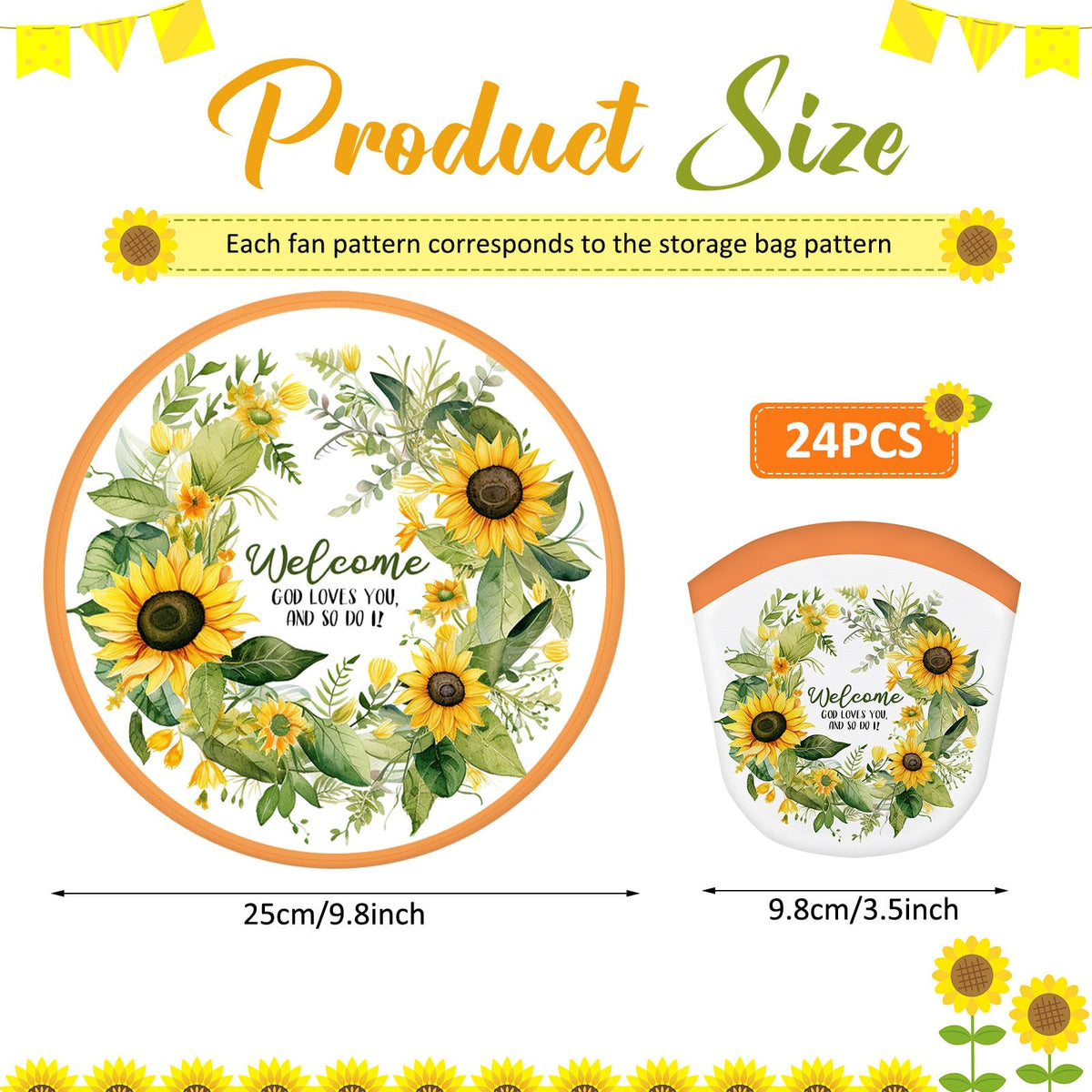 24 Pcs Christian Church Sunflower Fly Disc Hand Fan Foldable 8 Style (Sunflower)