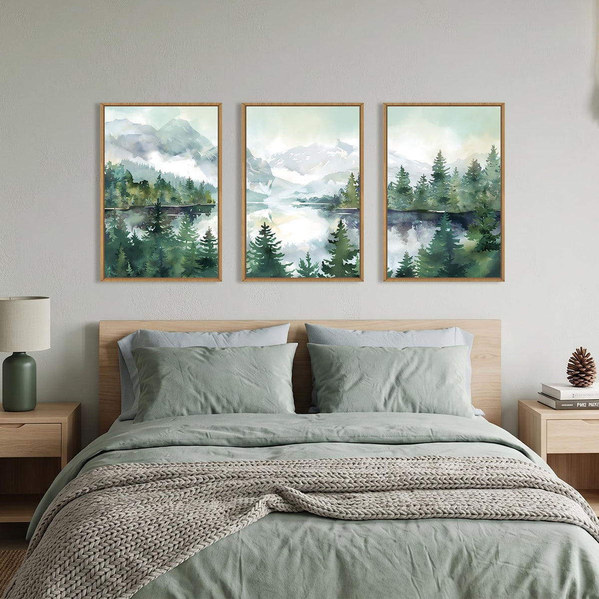 Watercolor Mountain Forest Framed Canvas Wall Art Set (Watercolor Mountain Wall Art / 24"L x 36"W)