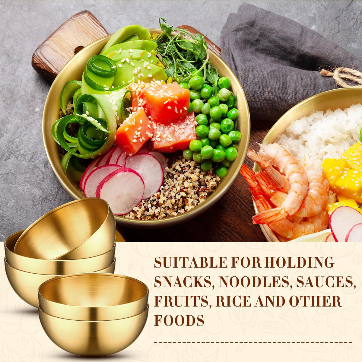 10 Pcs 9.8 Inch Gold Bowls Stainless Steel Salad Mixing Bowls (9.8 Inch / Gold)